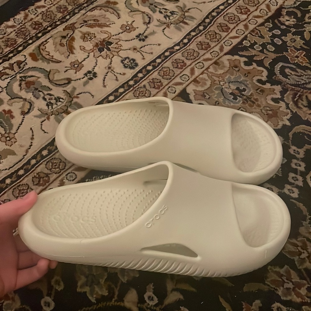 cream crocs slides